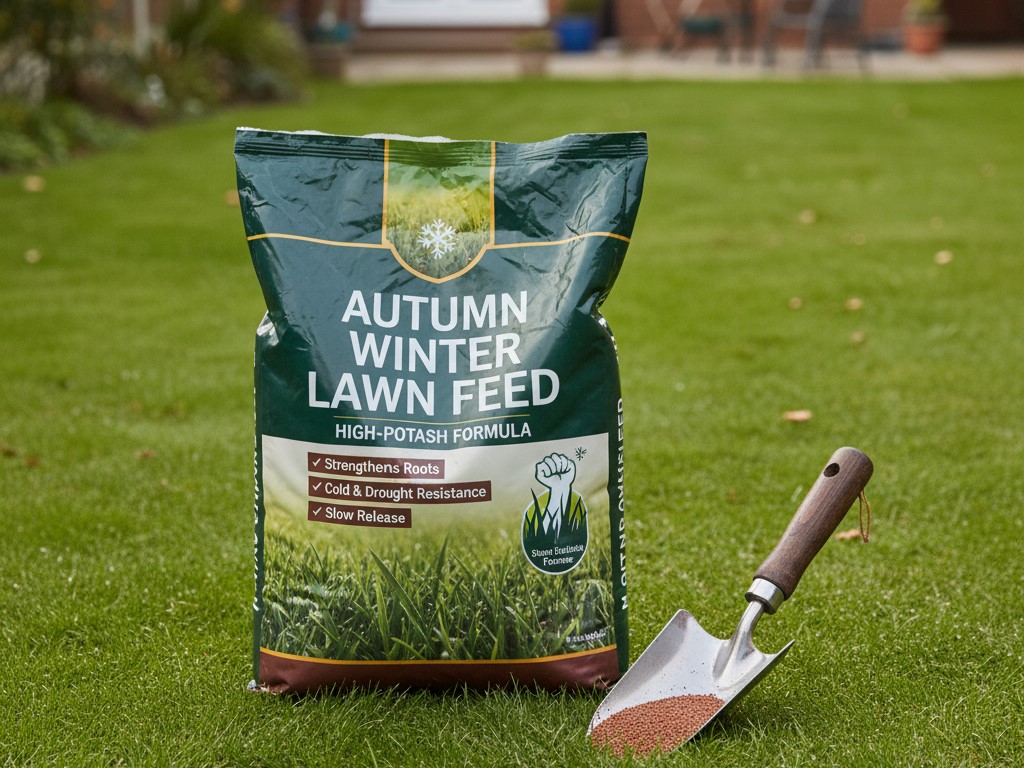 Bag of high-potash autumn winter lawn feed on grass with a trowel, ready to be applied to strengthen the winter ready lawn.