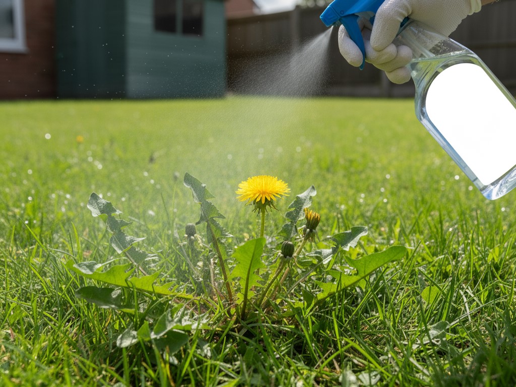 A close-up of a UK homeowner successfully spot-treating a dandelion with a selective herbicide spray, demonstrating the best weed killer that won't kill grass.
