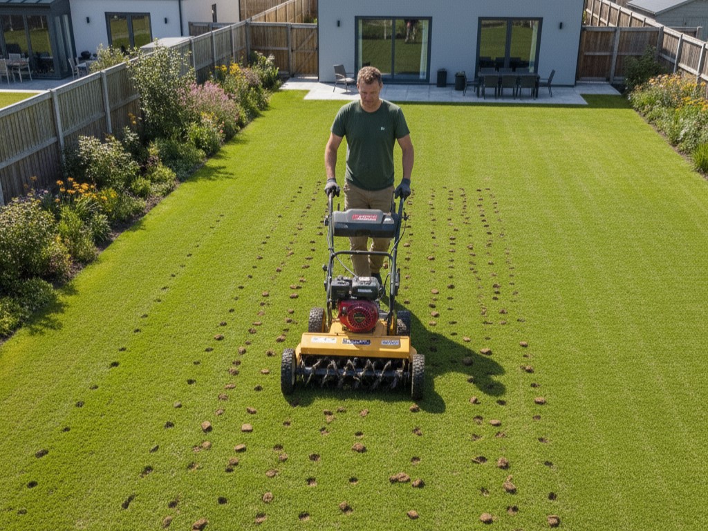 Using a core aerator for effective drainage for lawn and breaking up compacted soil