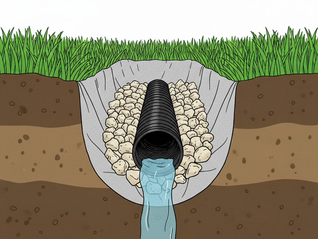 Cross-section diagram of a French drain setup, the ultimate lawn drainage solution