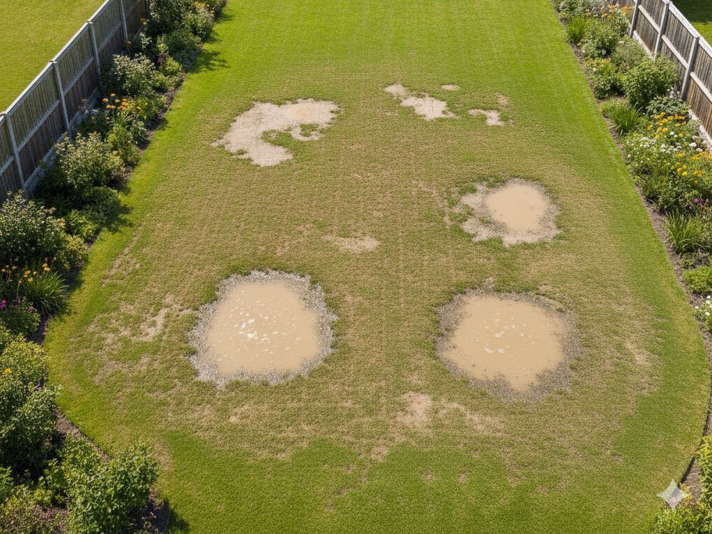 Aerial view of a lawn with a distinct soggy/waterlogged patch in need of lawn drainage solutions.