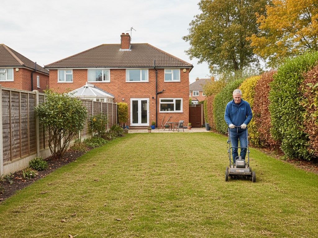 Gardener using a scarifier to aggressively rake and remove dead moss and thatch from the lawn surface.
