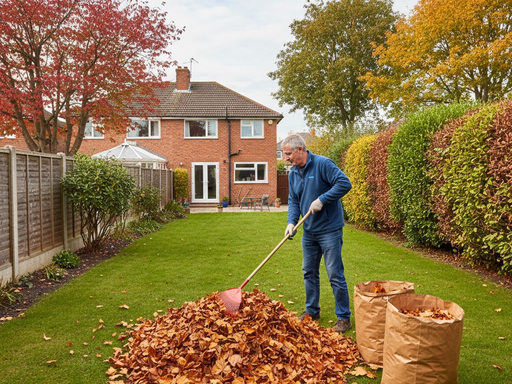 New homeowner raking leaves from their healthy green lawn in a complete step-by-step autumn lawn care guide.