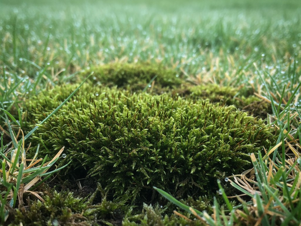 Example of moss thriving in acidic soil, indicating the need for a soil test and pH correction.