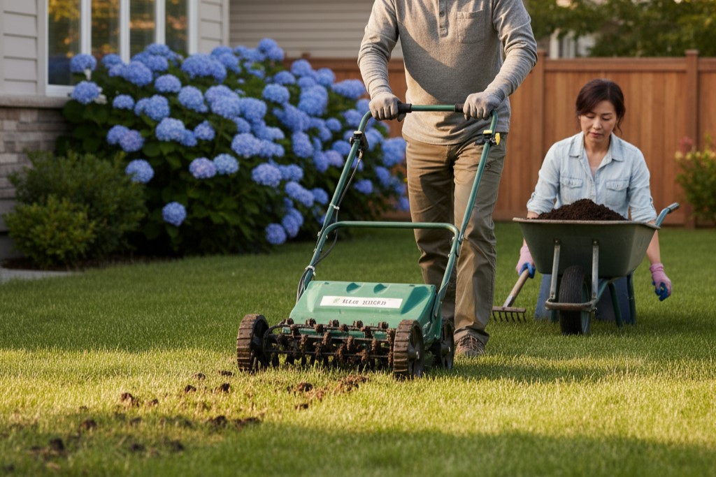 Homeowner using a hollow-tine aerator on the lawn to encourage strong root growth and preventative lawn care.