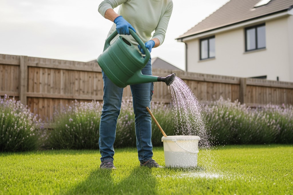 Homeowner applying biological nematodes to a lawn using a watering can for natural pest control.