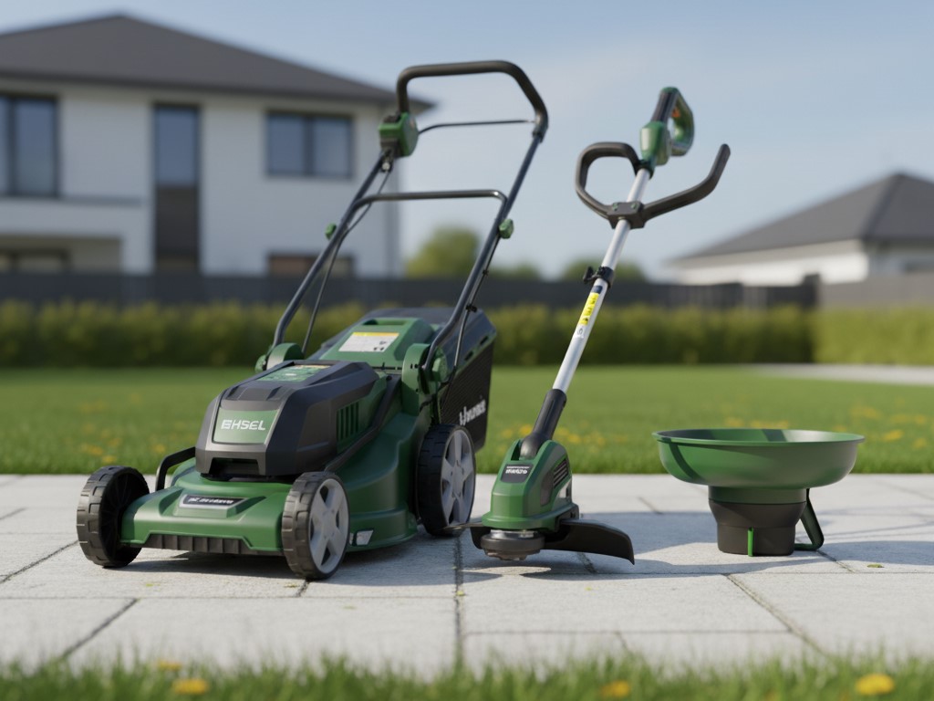 Essential tools for beginner lawn care: Cordless lawn mower, strimmer, and handheld seed/fertiliser spreader.