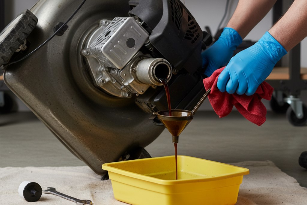 DIY guide showing how to change lawn mower oil by carefully tilting a four-stroke mower.