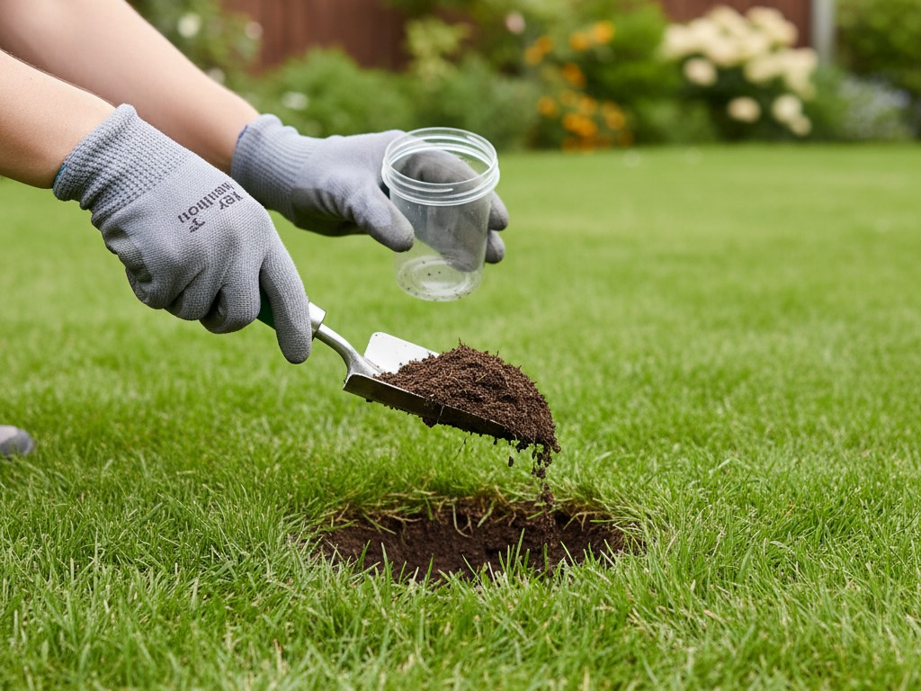Taking a deep soil test sample for a lawn soil test for lawn pH analysis.