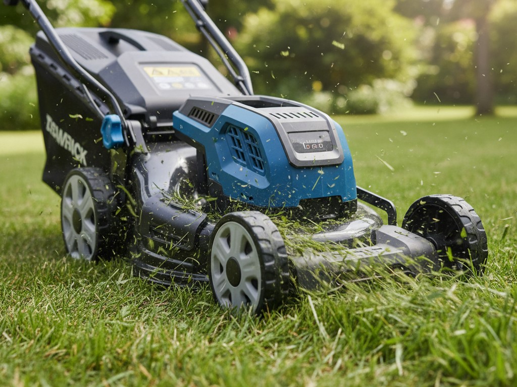 High-power cordless lawn mower cutting through dense grass, showing battery performance.
