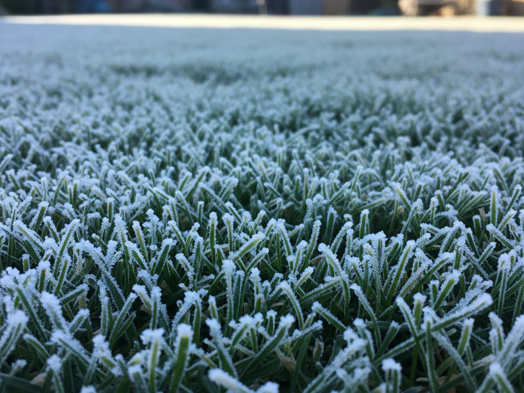 A close-up of a frosted but healthy green lawn, illustrating the importance of winter lawn care and protecting the grass from the cold.