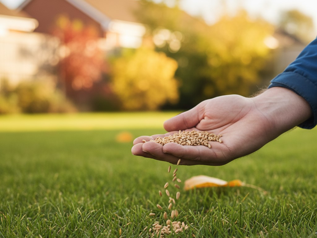 A person's hand sowing winter grass seed (though the text advises against winter), showing the process and highlighting the best season for overseeding.