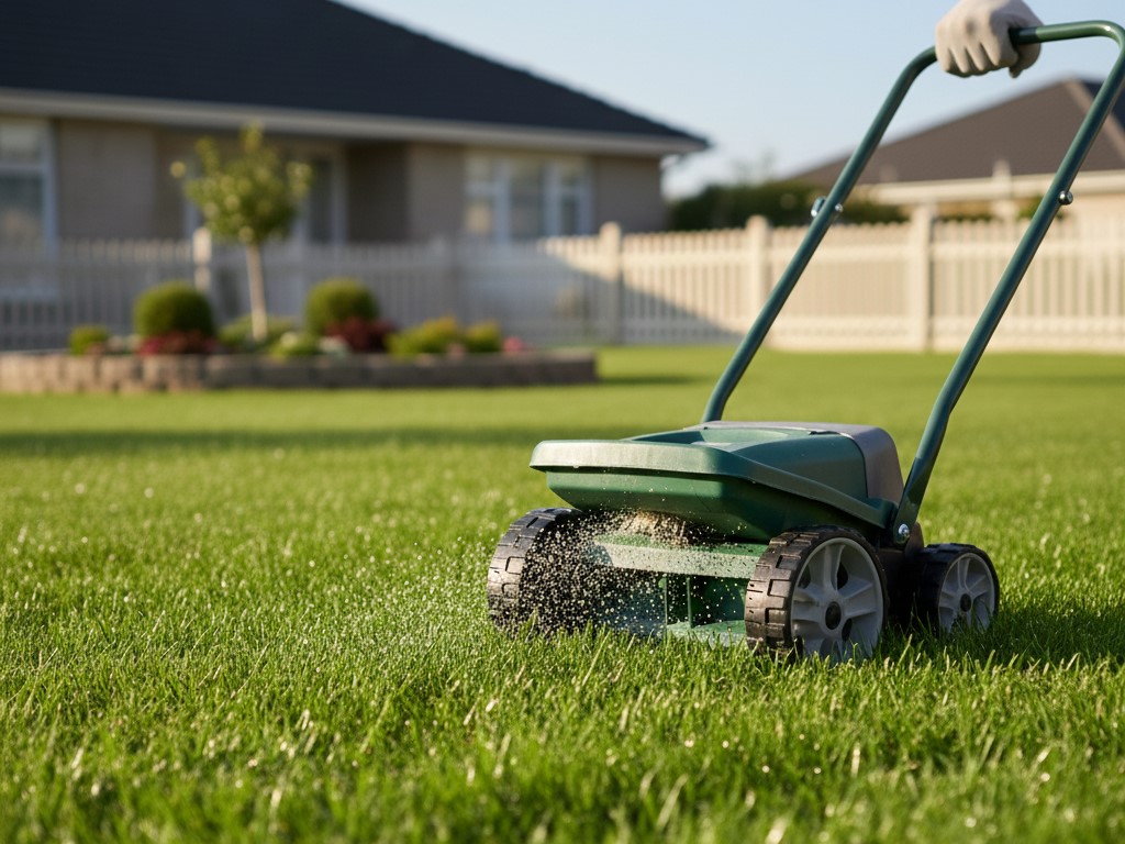 Lawn care for dummies: Beginner pushing a small spreader applying seed or fertiliser to a lawn.