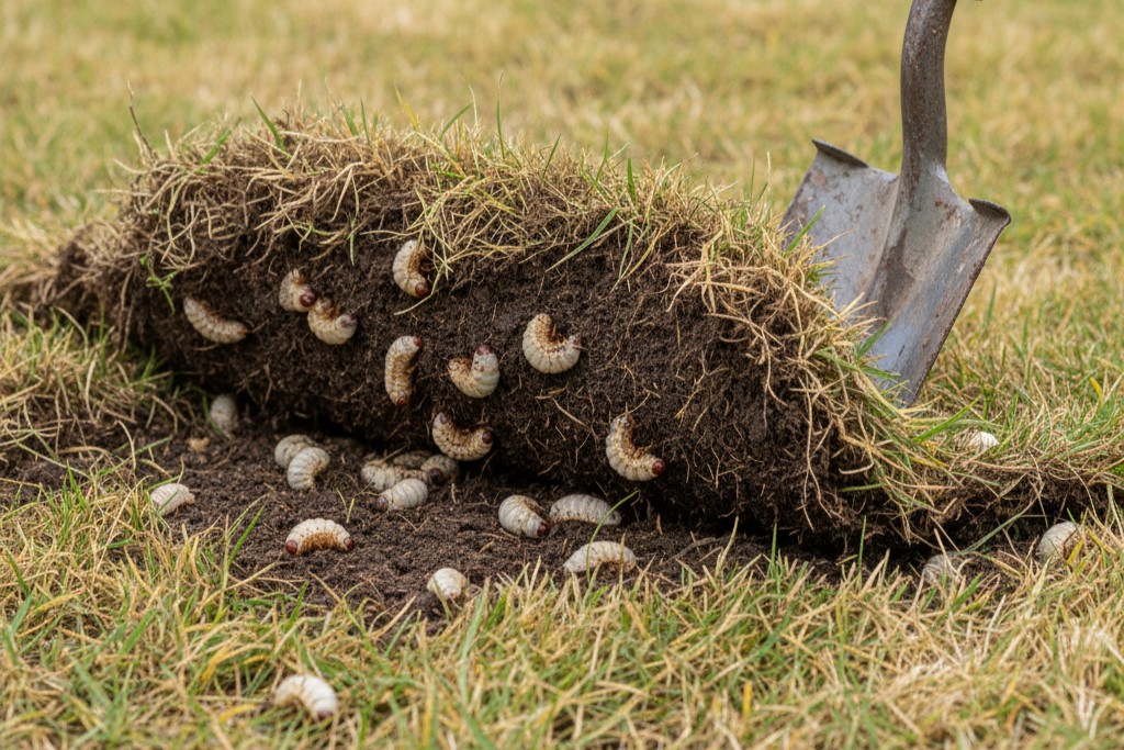 C-shaped chafer grubs revealed in damaged lawn, showing a key sign of lawn pest damage.