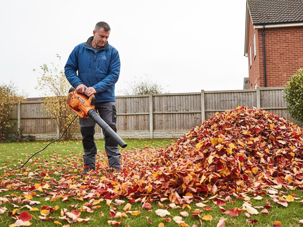 A DIYer using a leaf blower to clear a layer of fallen leaves from the grass, illustrating the correct use of winter lawn equipment.