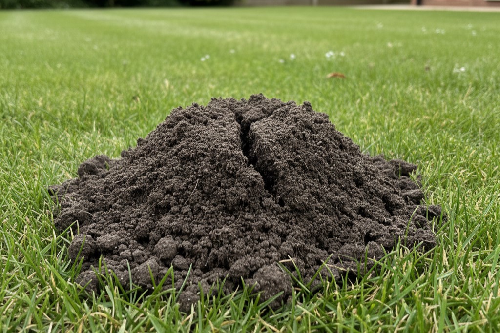 Fresh mole hill on green UK lawn, identifying a common digging pest problem.