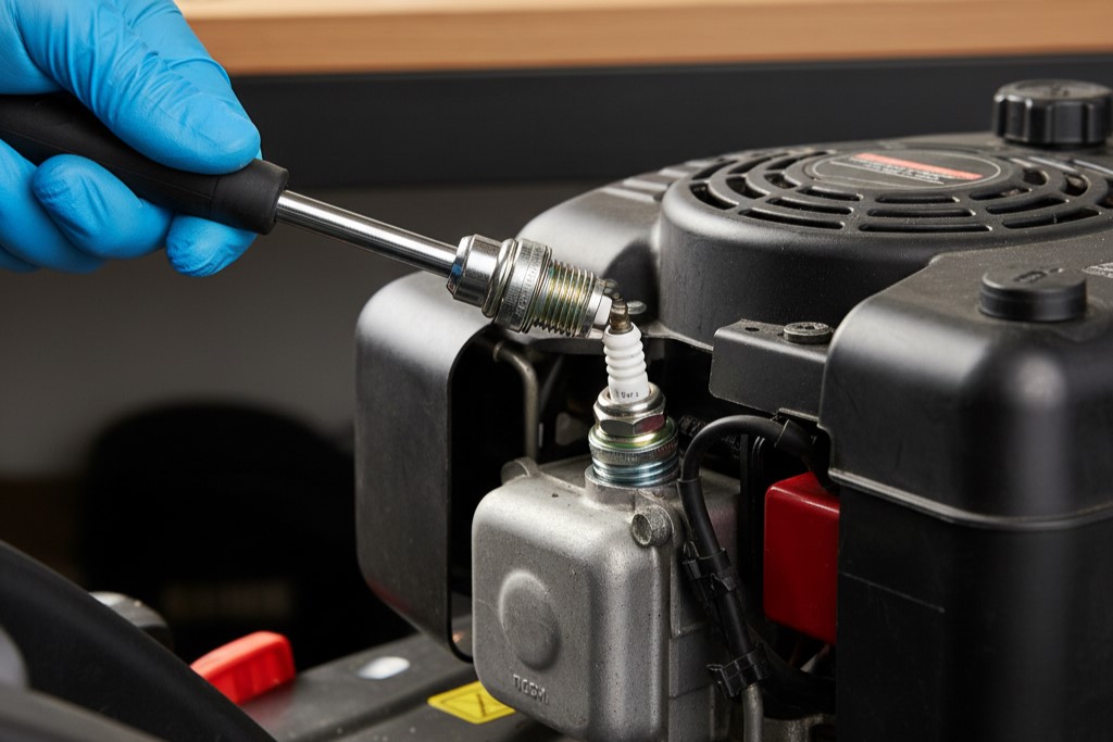 A new spark plug being fitted into a lawn mower engine to complete the annual service.