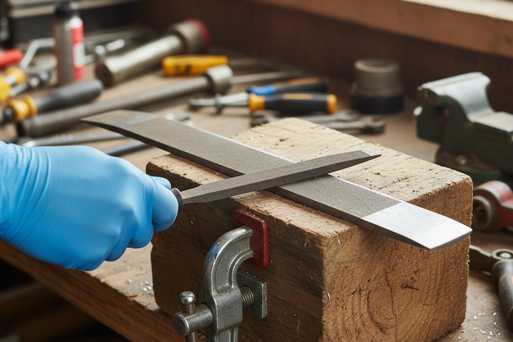 Hand using a metal file to sharpen a lawn mower blade attached to a wooden block for stability.