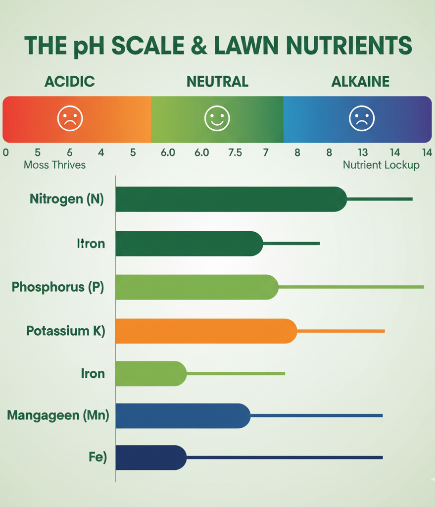 Diagram illustrating the soil pH scale and how acidity and alkalinity affect lawn nutrient availability.