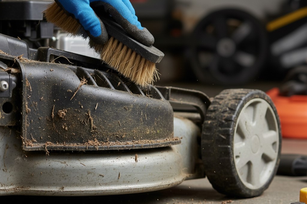 Close-up of a hand cleaning a lawn mower deck with a brush