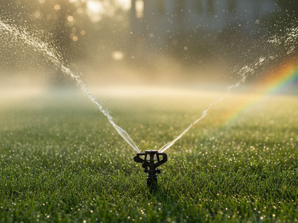 Deep and infrequent watering schedule: Sprinkler watering a lawn in the early morning for best results.