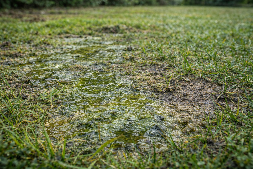 Algae on lawn showing slimy green film caused by compaction and poor drainage