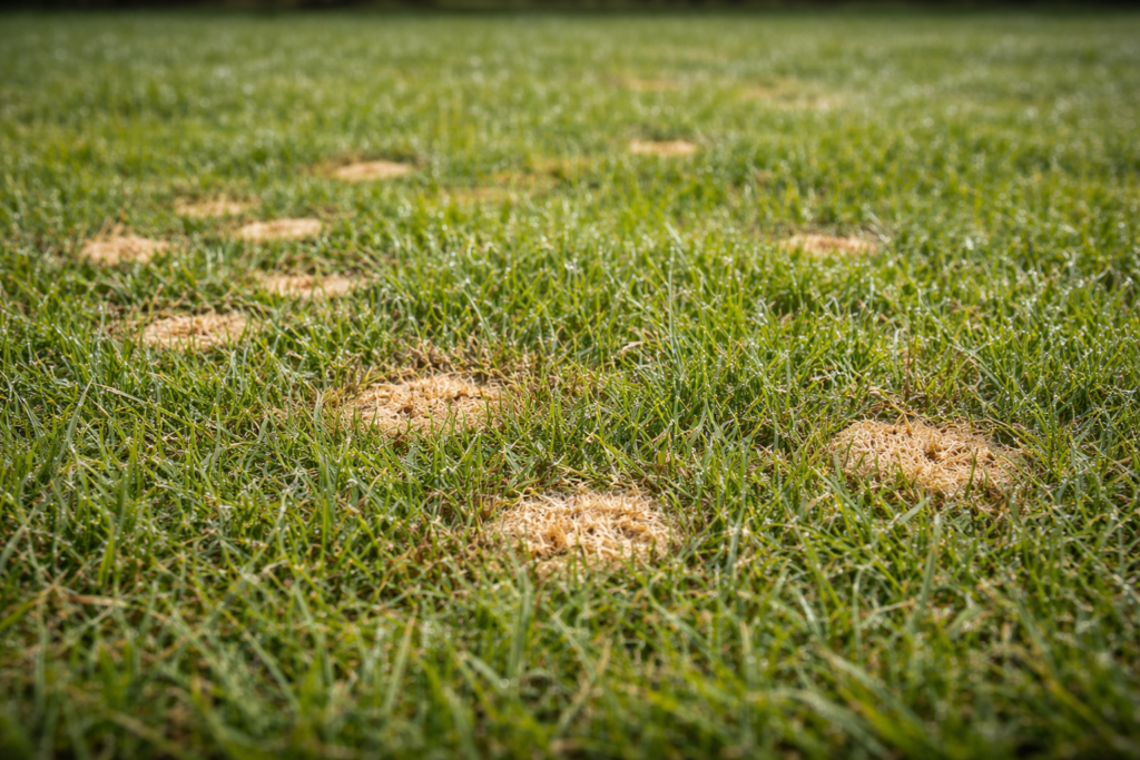 Small straw coloured spots on grass typical of dollar spot lawn disease