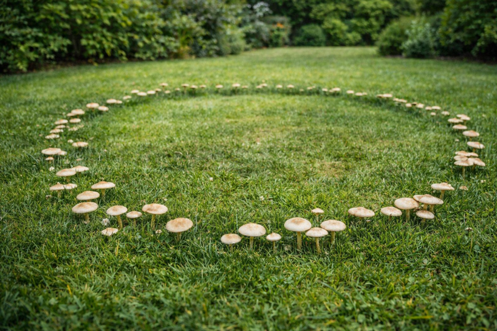 Fairy ring in lawn showing dark green ring and mushrooms on turf