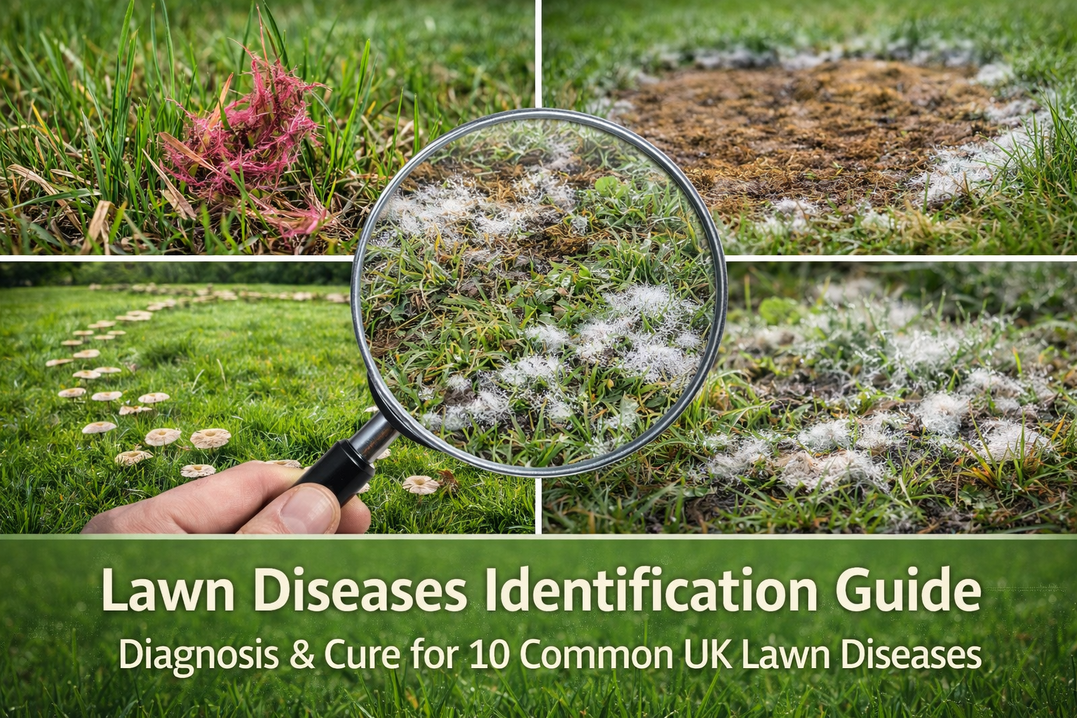 Lawn diseases identification guide showing common UK lawn disease symptoms in patches and spots