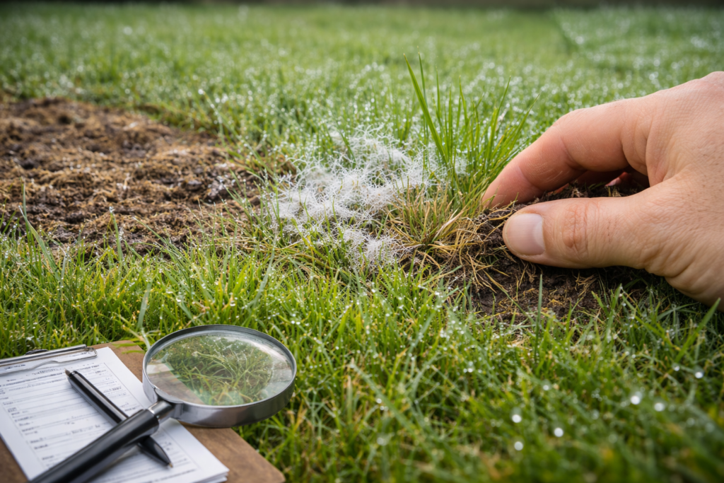 Morning lawn diseases identification check showing dew, patches and fungal growth