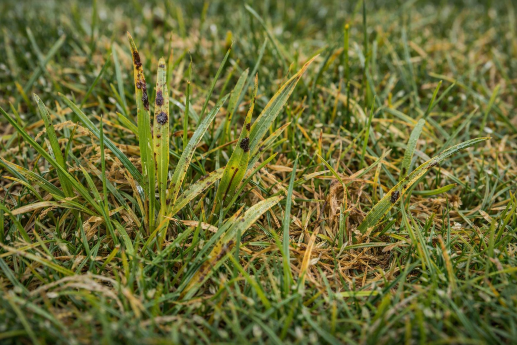 Leaf spot disease lesions on grass blades causing thinning and melting out