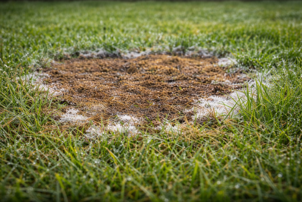 Microdochium patch showing circular brown patches and white mycelium on turf