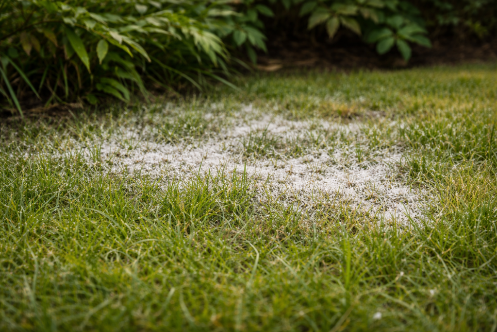 Powdery mildew on shaded lawn with white coating on grass leaves