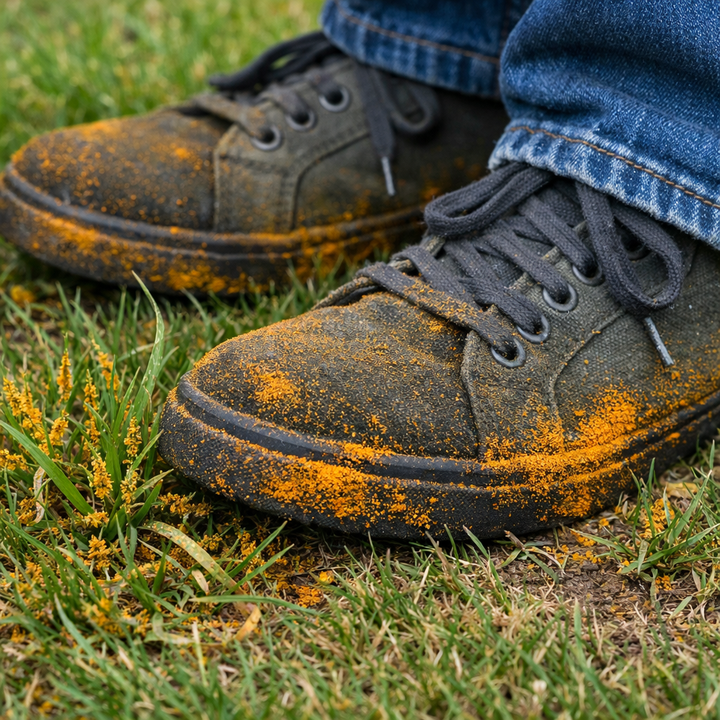 Lawn rust disease showing orange dust on grass and staining shoes