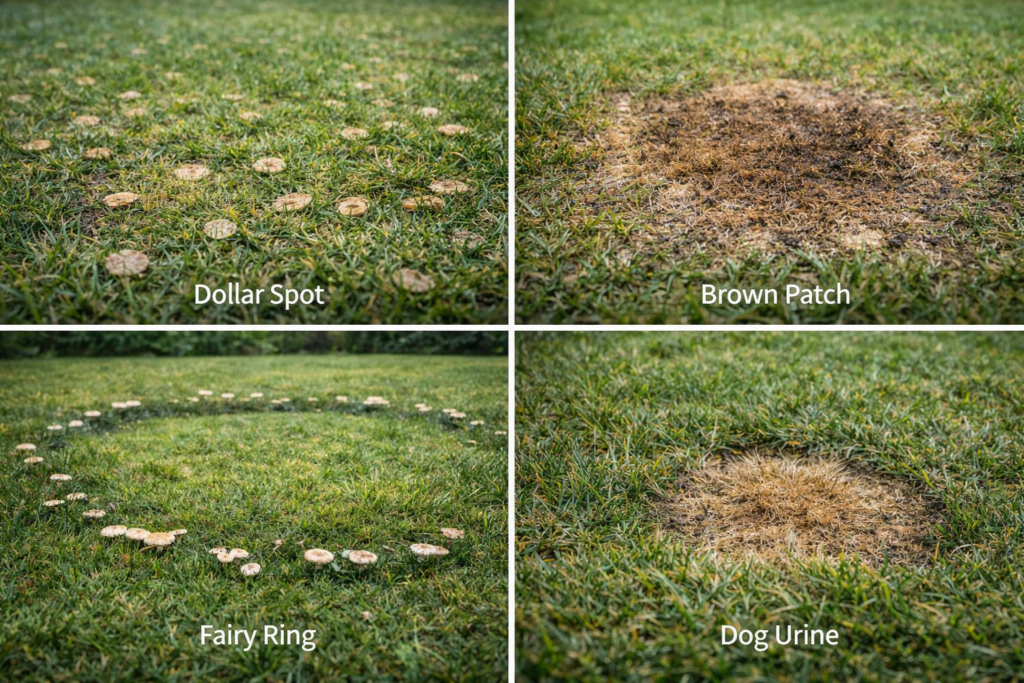 Brown spots in lawn troubleshooting guide comparing disease and stress causes