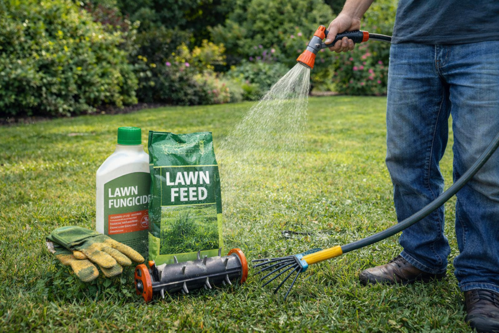 Lawn fungus treatment options focusing on mowing height watering and airflow improvements