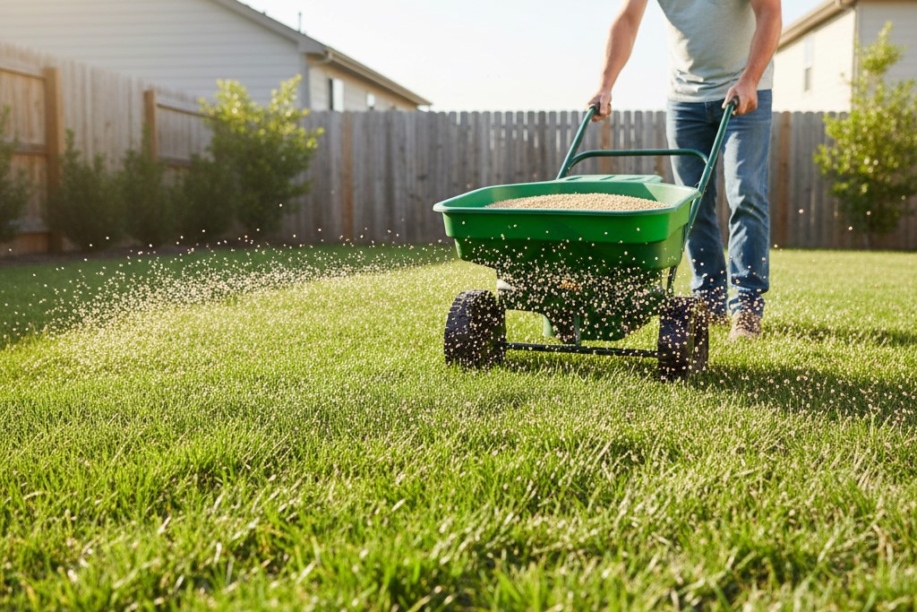 A homeowner using a green rotary spreader to apply fertiliser to a young lawn.