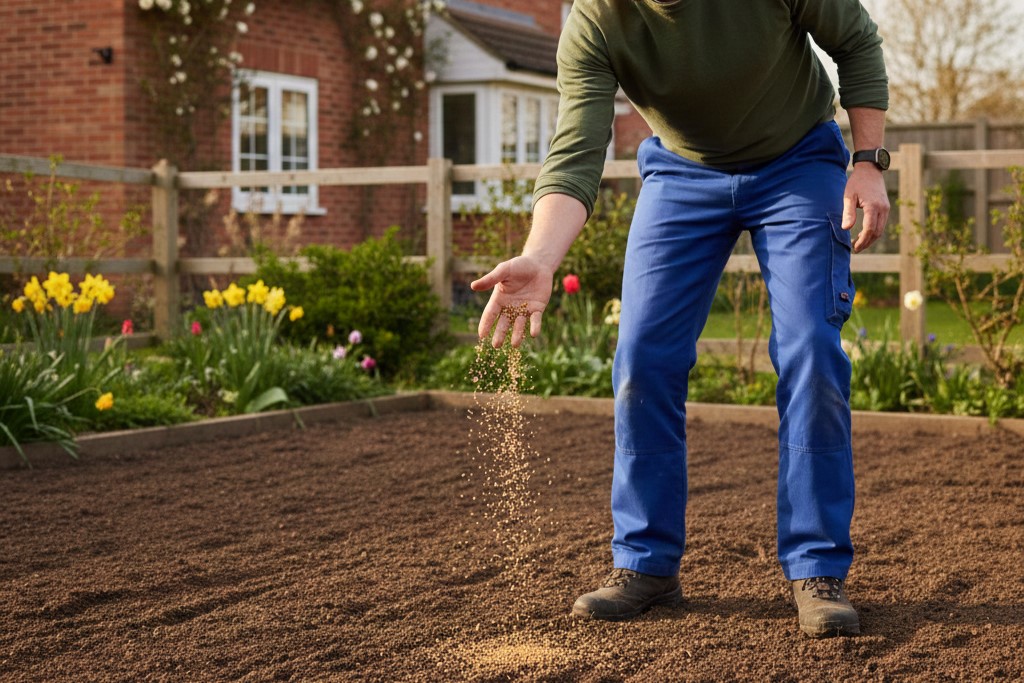 best-time-to-plant-grass-seed-uk A homeowner scattering grass seed on a prepared garden bed during the spring