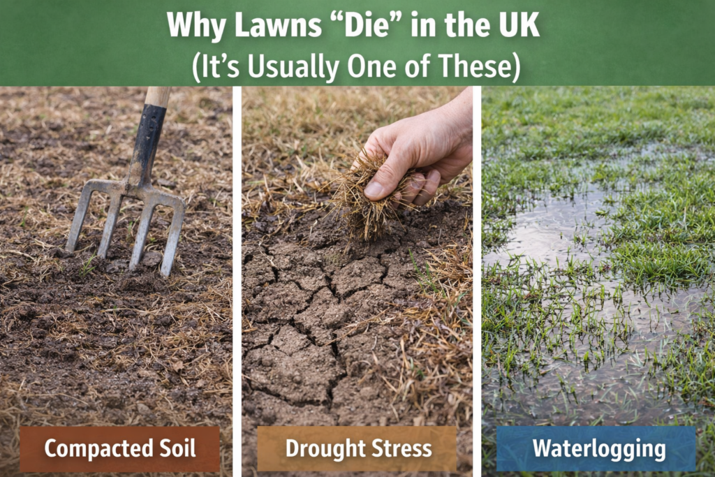 Common causes of dead lawn: compacted soil, drought stress and waterlogging