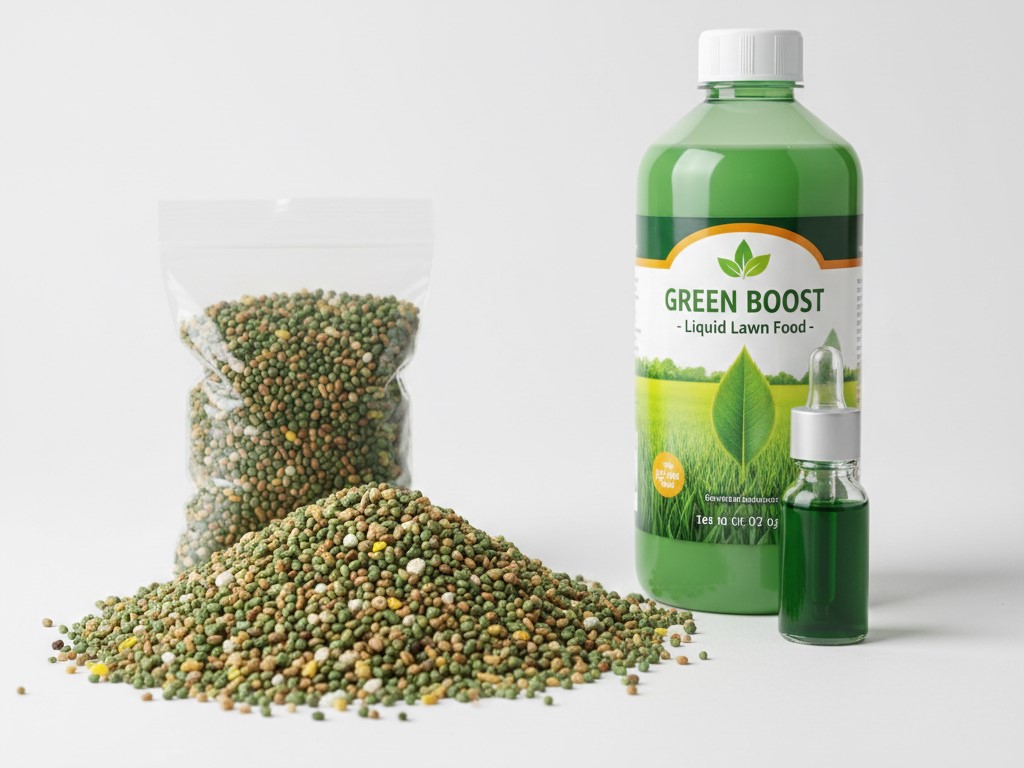 A comparison shot of slow-release fertiliser granules next to a bottle of liquid lawn food.
