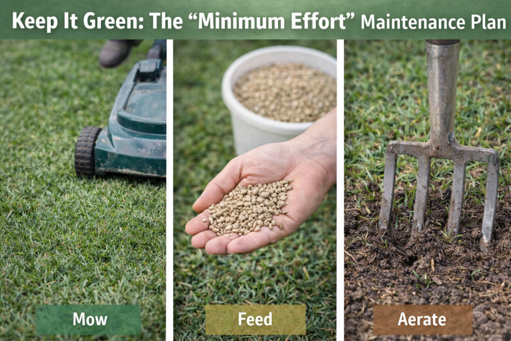 Lawn maintenance plan with mowing height, feeding schedule and annual aeration