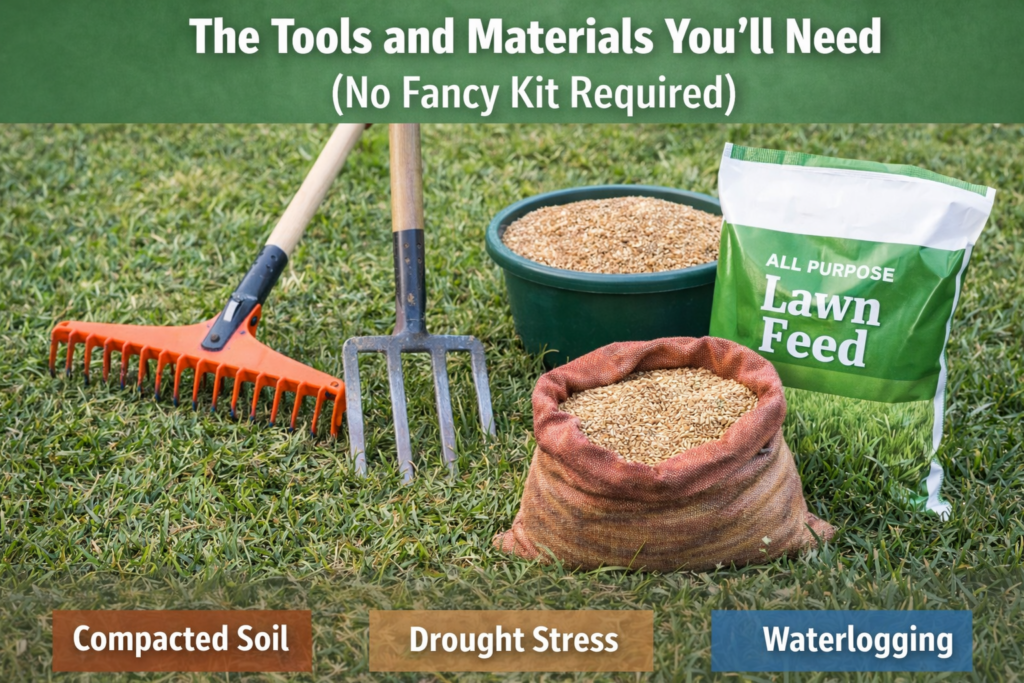 Lawn renovation for beginners tools: rake, fork aerator, grass seed and top dressing
