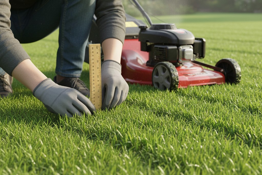 A person using a ruler to check if new grass is 10cm tall before mowing.