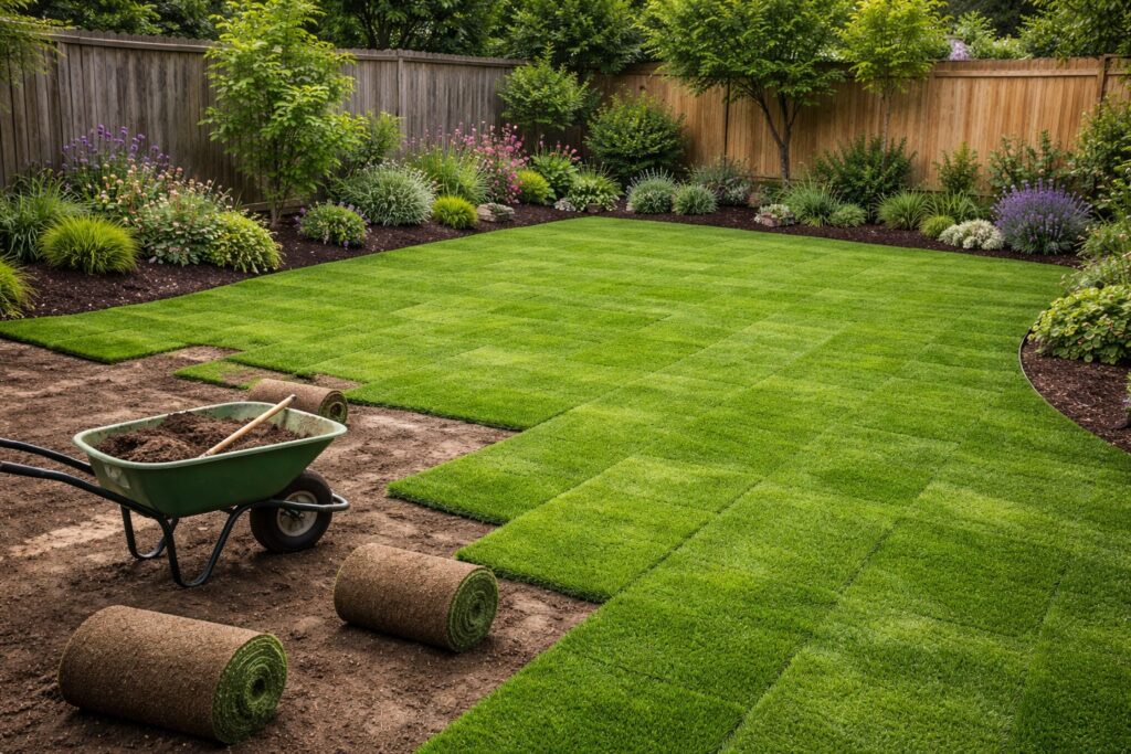 Freshly laid turf rolls showing the seams before the first cut.