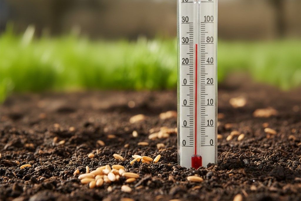 A soil thermometer showing a reading above 10 degrees Celsius in a garden.