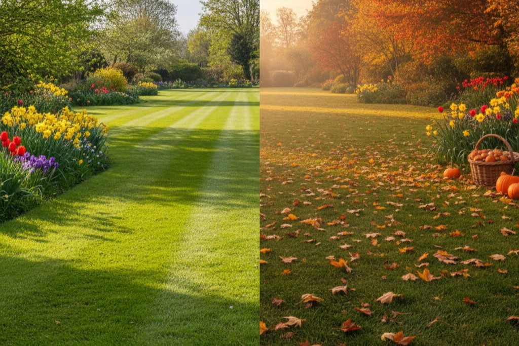 When to plant grass seed. Side by side comparison of a lush green lawn in spring and autumn.