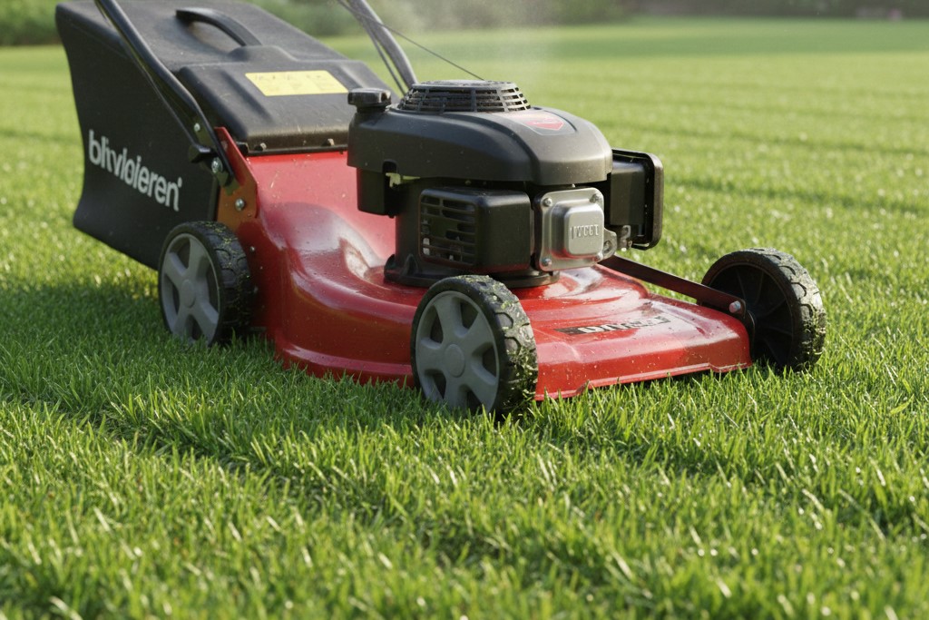 A close-up of a lawn mower on a lush, newly grown green lawn.